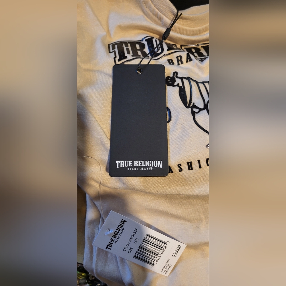 Boys True Religion Cream Tee with Black Logo Front And DESIGN On BACK - Picture 3 of 4